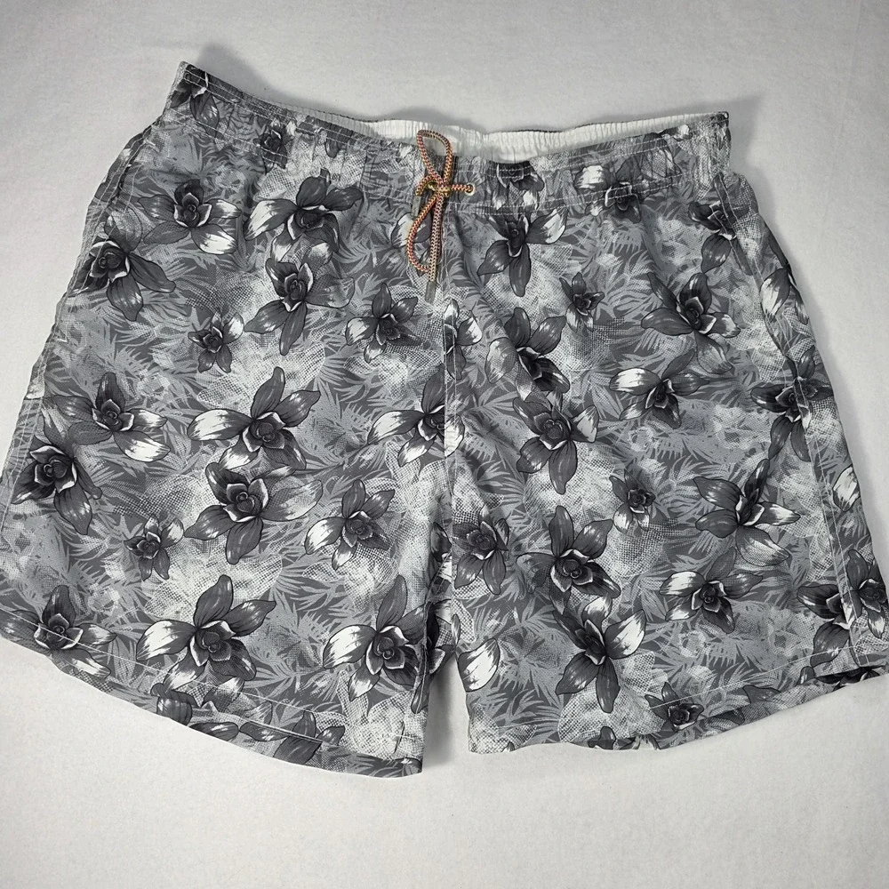 Bugatchi Mens XXL 40 Swim Trunks Orchid Floral Hawaiian‎ Black And White